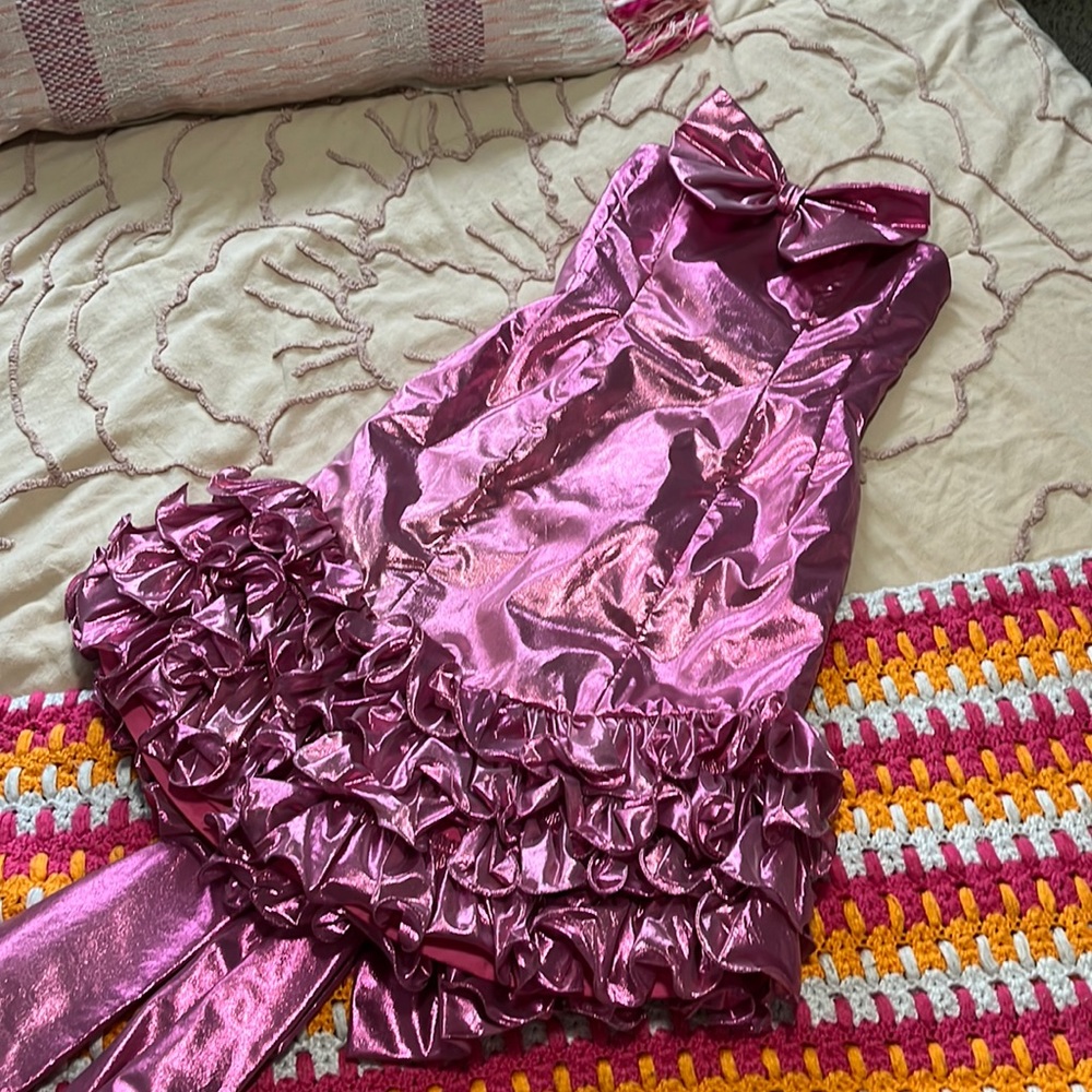 VINTAGE 80s Barbiecore Midi Dress in Pink Metallic